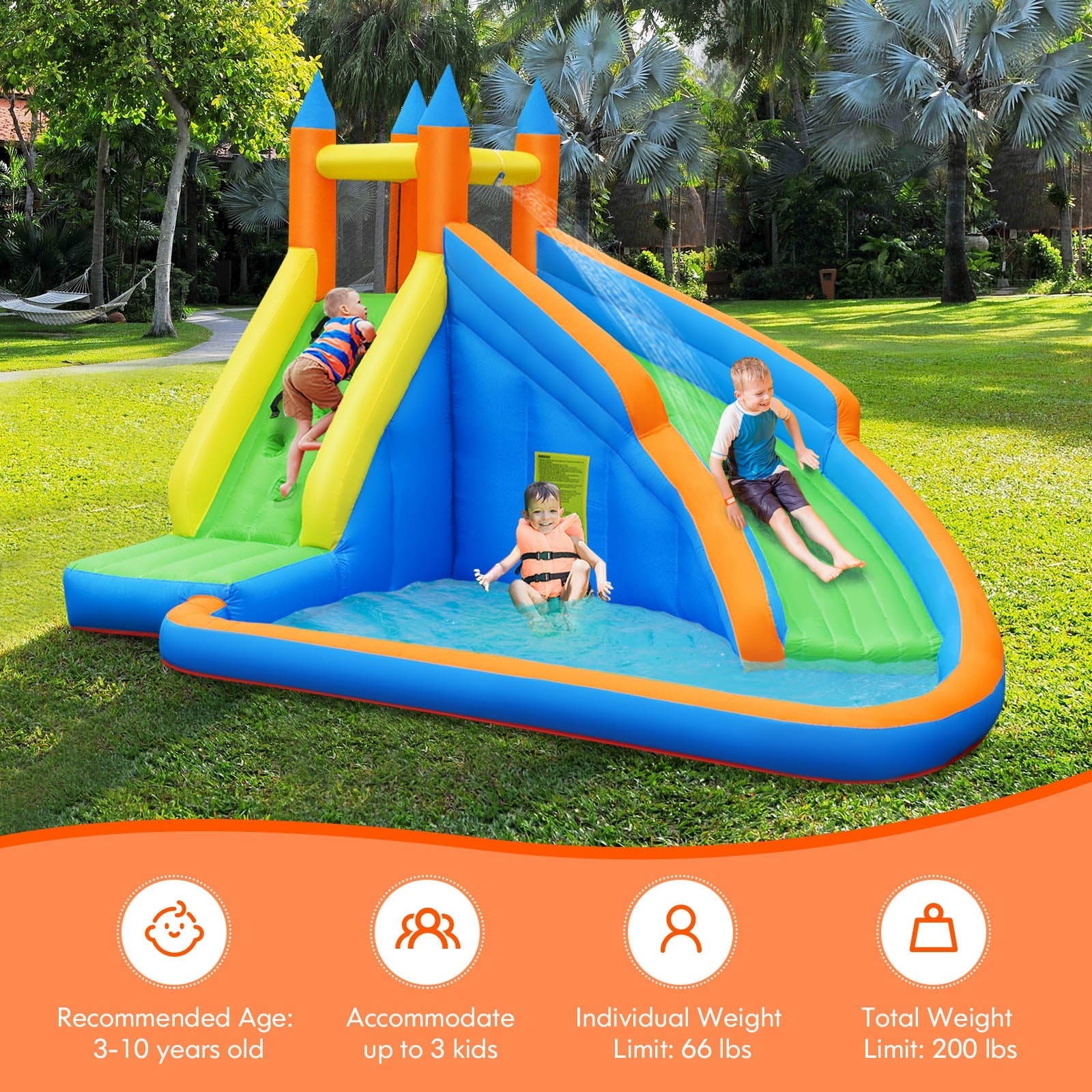 Inflatable Party Bounce House Jumper with Water Slide without Blower