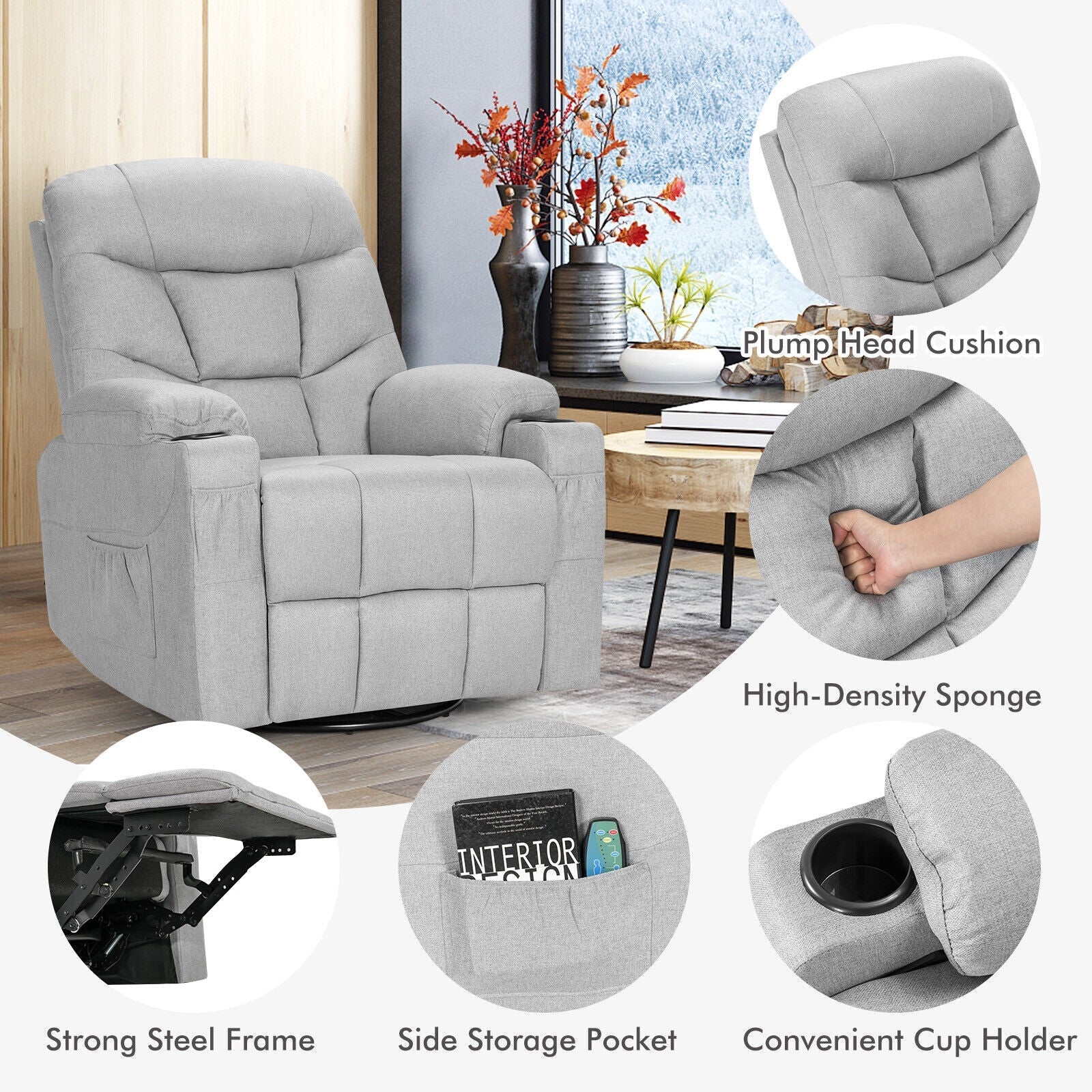 Leather Massage  Rocking Recliner Chair Sofa 360 Degree Swivel with Lumbar Heating & Remote Control