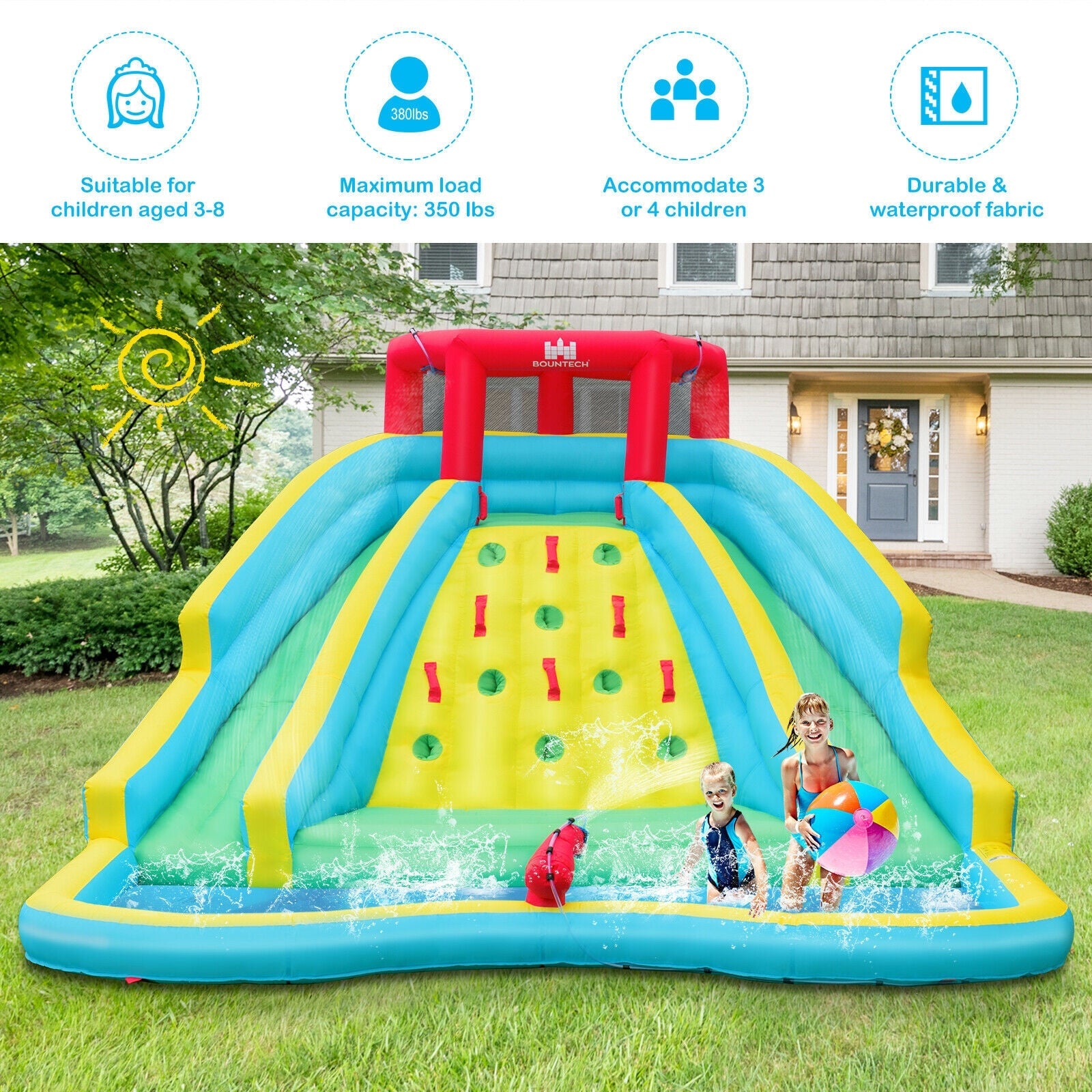 Double Side Inflatable Water Slide Park with Climbing Wall for Outdoor without Blower