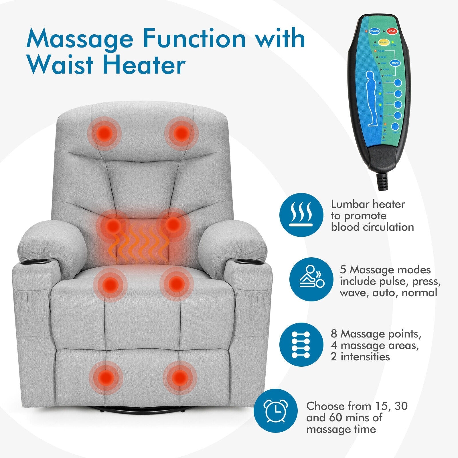 Leather Massage  Rocking Recliner Chair Sofa 360 Degree Swivel with Lumbar Heating & Remote Control