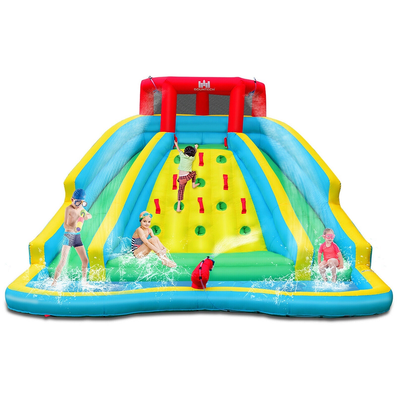 Double Side Inflatable Water Slide Park with Climbing Wall for Outdoor without Blower