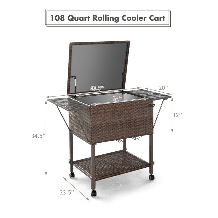 108 Qt Outdoor Portable Rattan Cooler Cart Trolley with  Lockable Wheels