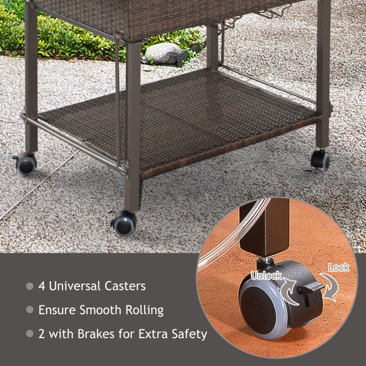 108 Qt Outdoor Portable Rattan Cooler Cart Trolley with  Lockable Wheels