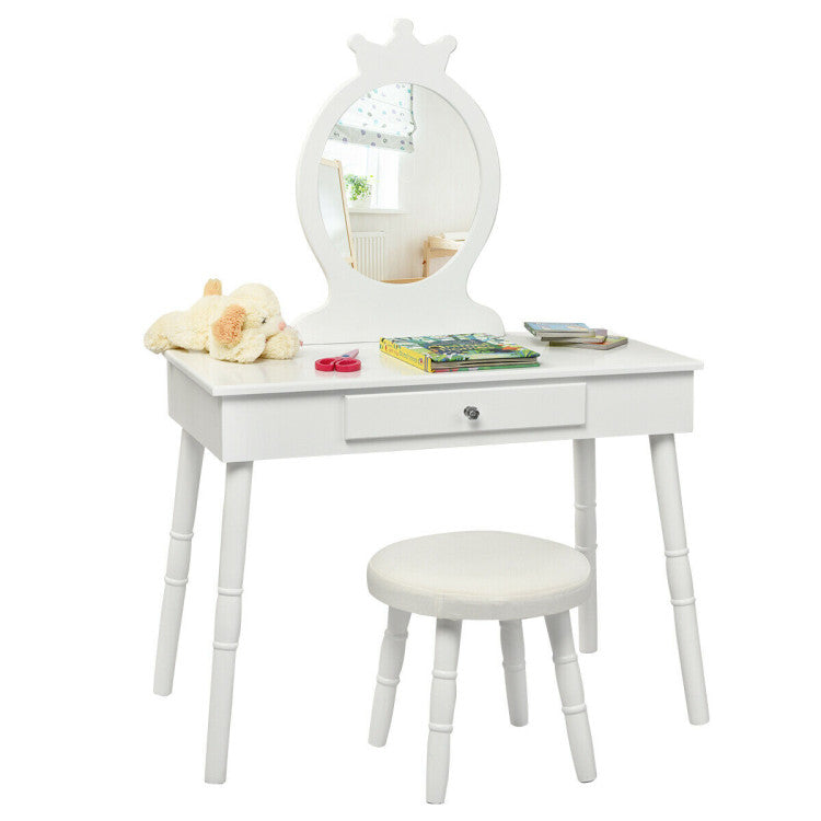 Wooden Princess Makeup Table with Cushioned Stool for Kids