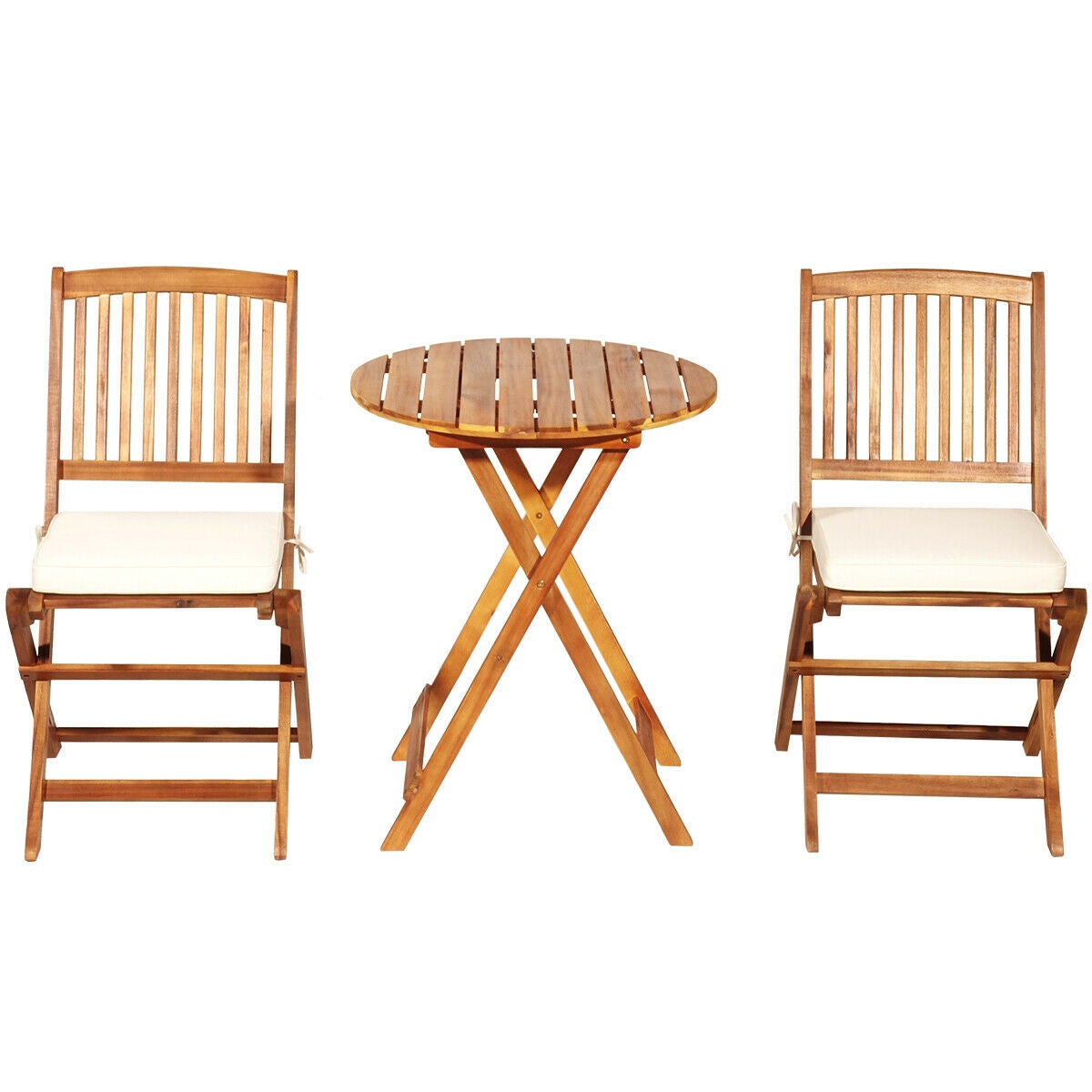 3 Pieces Patio Folding Wooden Bistro Set Cushioned Chair