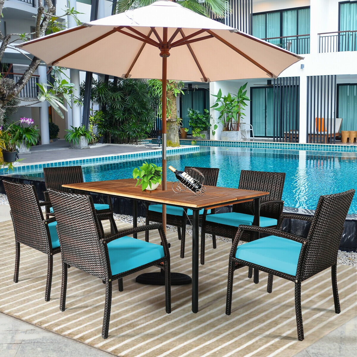 7 Pieces Patio Rattan Cushioned Dining Set with Umbrella Hole