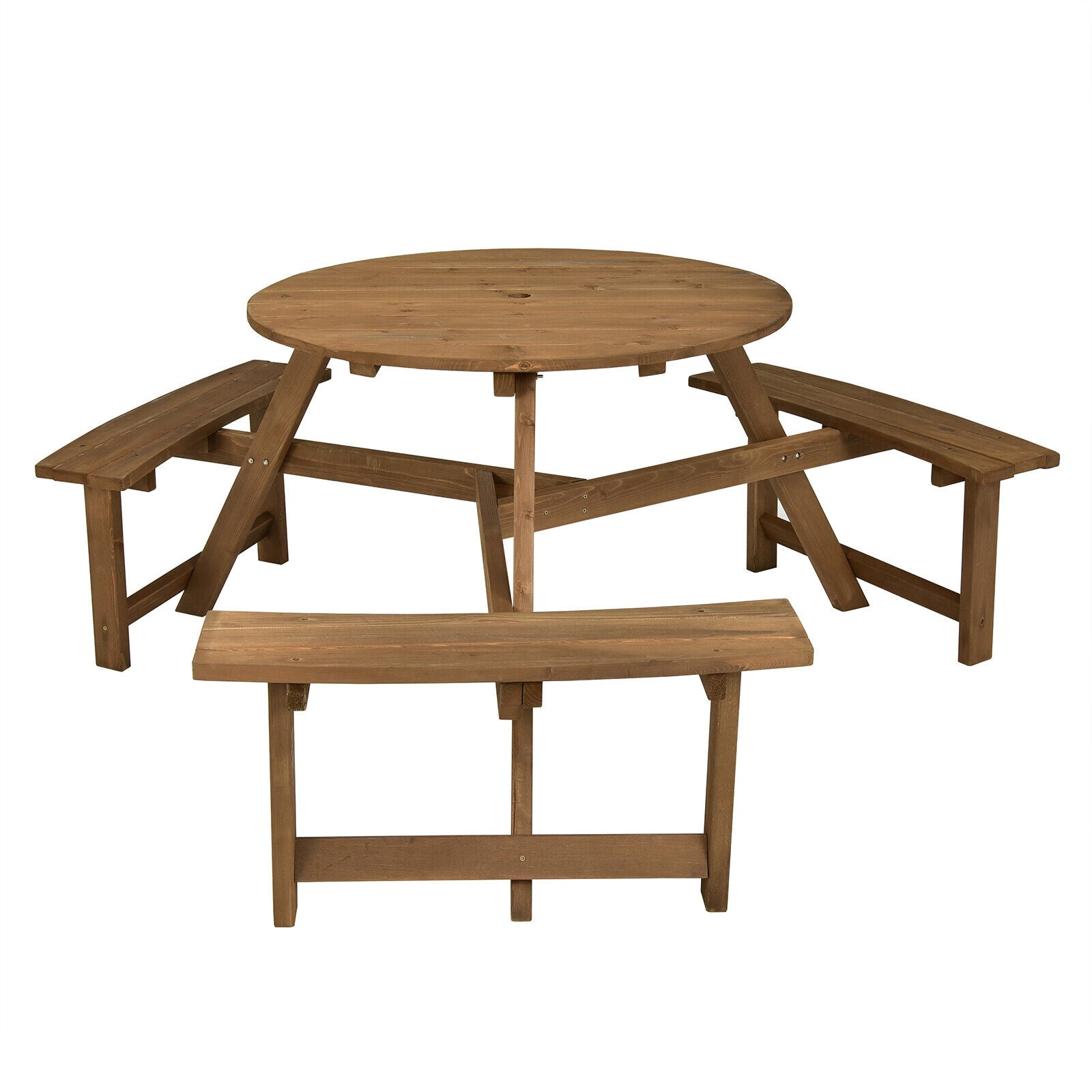 6-person Round Wooden Outdoor Picnic Table Benches Set with Umbrella Hole