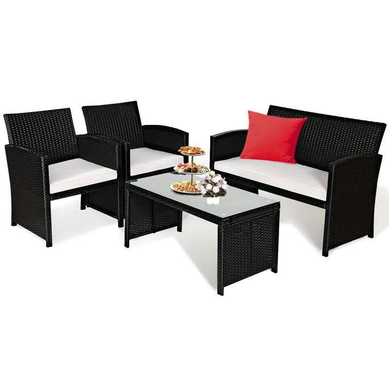 4 Pcs Wicker Patio Conversation Set Outdoor Rattan Sofa Table Set with Cushions