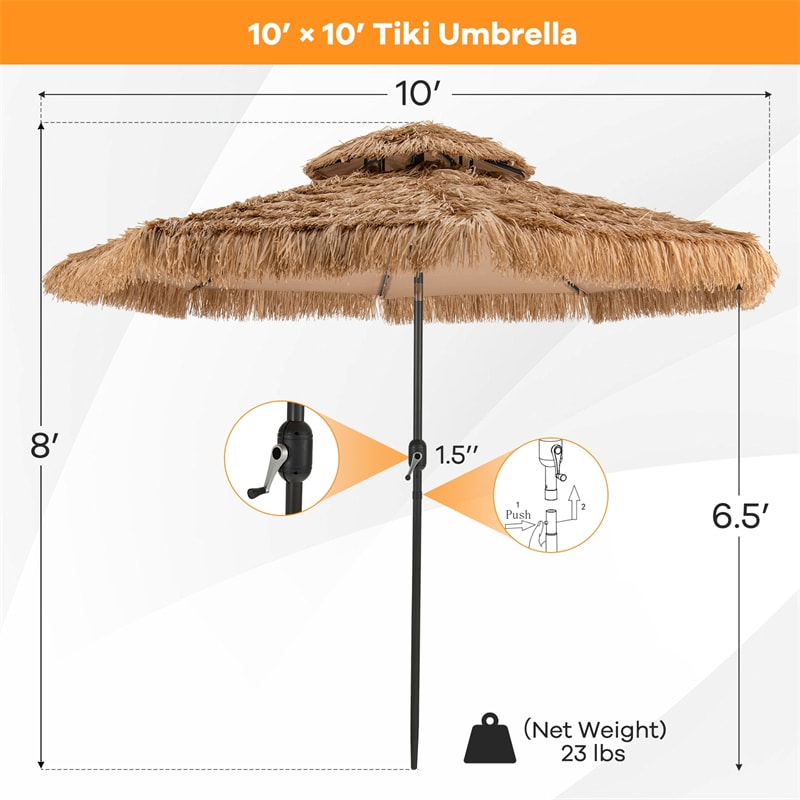 10ft 2 Tier Hawaiian Style Lighted Thatched Tiki Patio Umbrella for Beach