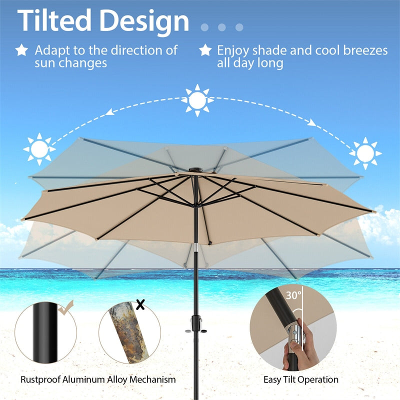 10FT Lighted Patio Umbrella Outdoor Table Market Umbrella with 112 Solar Lights Crank Lifting Handle Tilt System