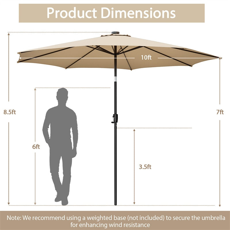 10FT Lighted Patio Umbrella Outdoor Table Market Umbrella with 112 Solar Lights Crank Lifting Handle Tilt System