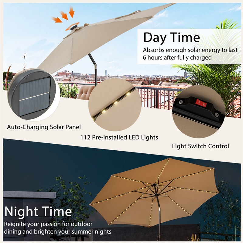 10FT Lighted Patio Umbrella Outdoor Table Market Umbrella with 112 Solar Lights Crank Lifting Handle Tilt System