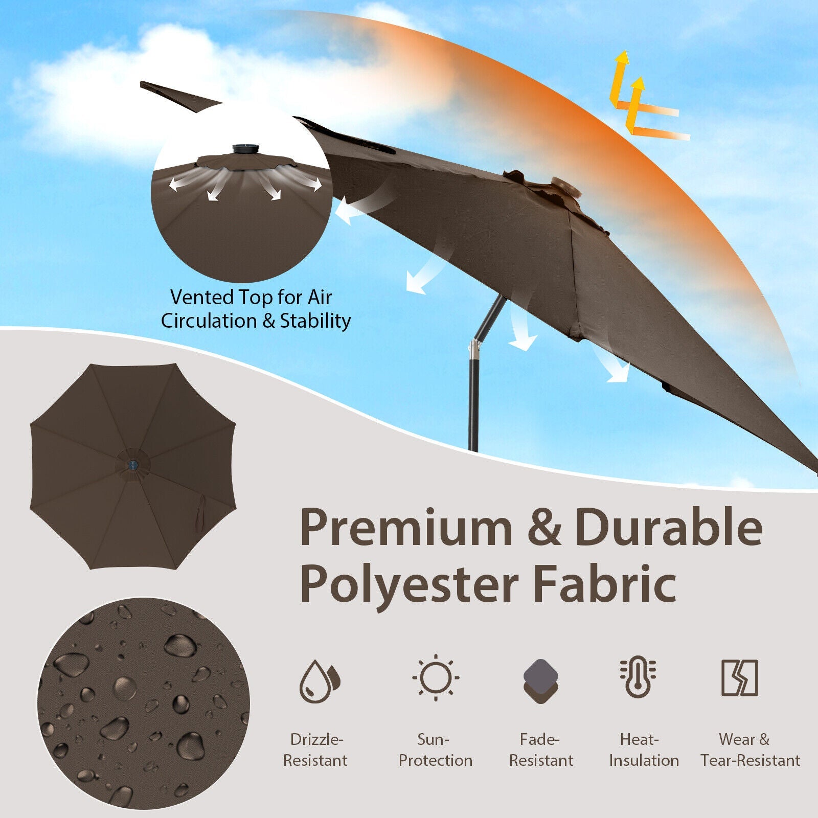 10FT Lighted Patio Umbrella Outdoor Table Market Umbrella with 112 Solar Lights Crank Lifting Handle Tilt System