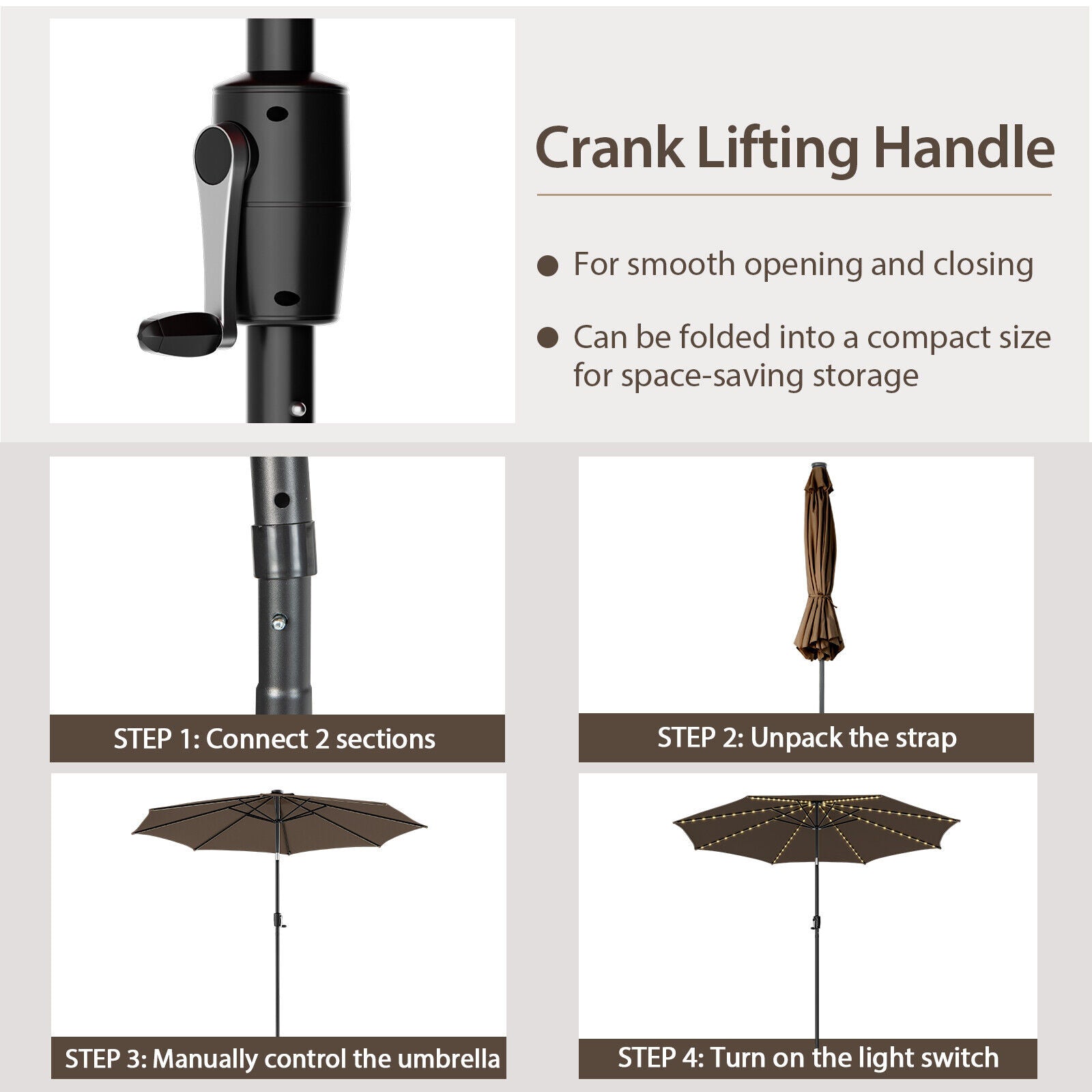 10FT Lighted Patio Umbrella Outdoor Table Market Umbrella with 112 Solar Lights Crank Lifting Handle Tilt System