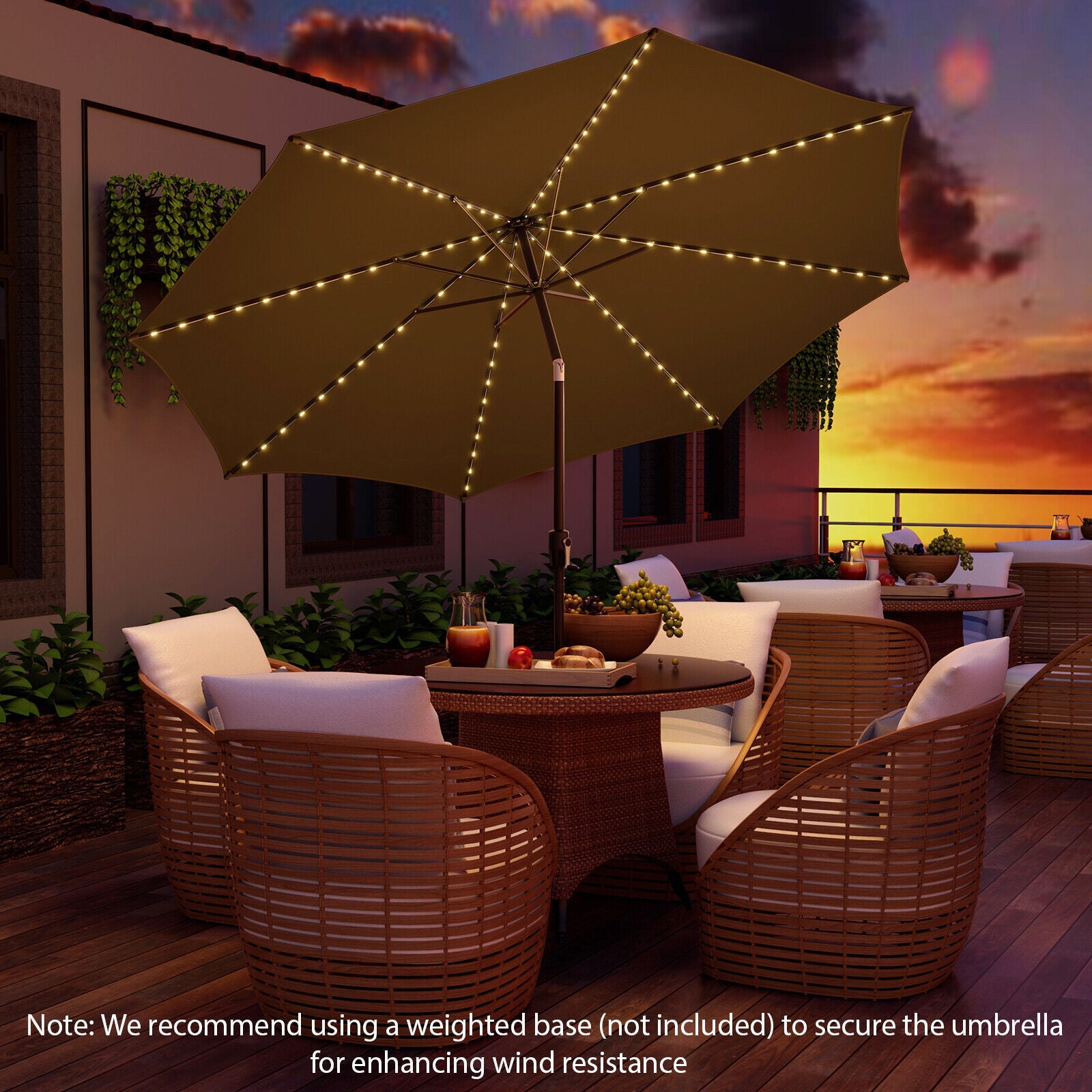 10FT Lighted Patio Umbrella Outdoor Table Market Umbrella with 112 Solar Lights Crank Lifting Handle Tilt System