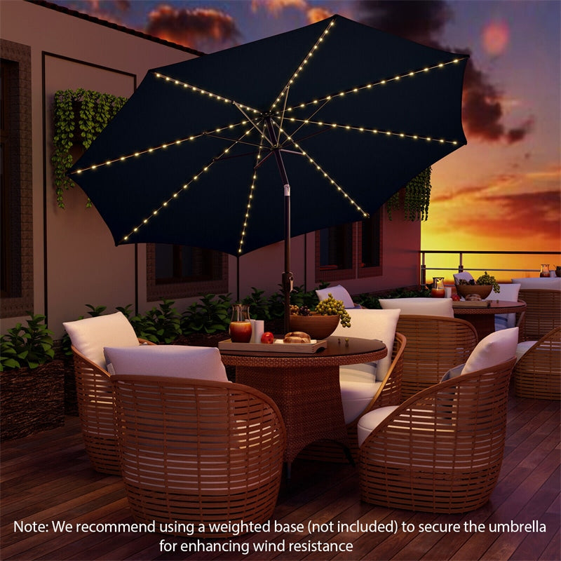 10FT Lighted Patio Umbrella Outdoor Table Market Umbrella with 112 Solar Lights Crank Lifting Handle Tilt System