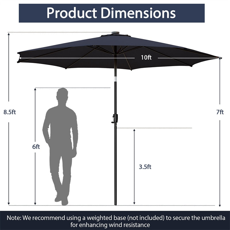 10FT Lighted Patio Umbrella Outdoor Table Market Umbrella with 112 Solar Lights Crank Lifting Handle Tilt System