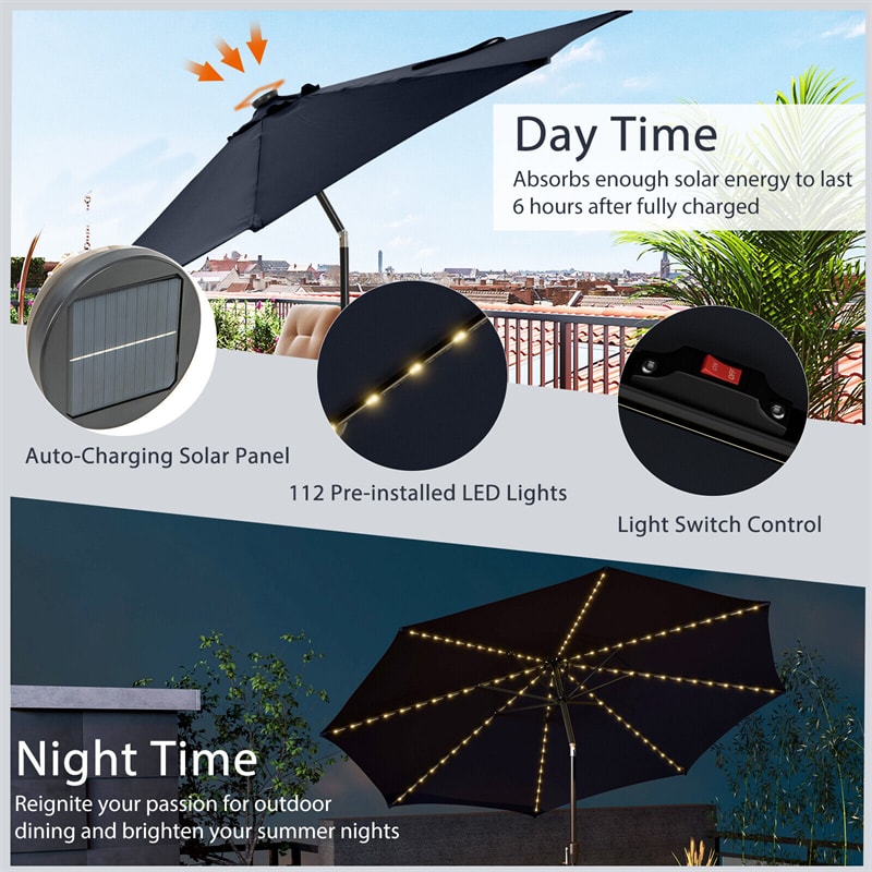 10FT Lighted Patio Umbrella Outdoor Table Market Umbrella with 112 Solar Lights Crank Lifting Handle Tilt System