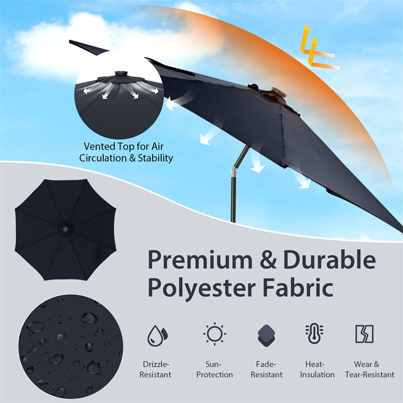 10FT Lighted Patio Umbrella Outdoor Table Market Umbrella with 112 Solar Lights Crank Lifting Handle Tilt System