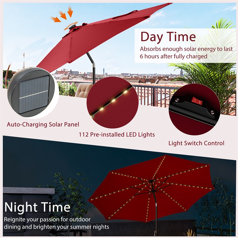 10FT Lighted Patio Umbrella Outdoor Table Market Umbrella with 112 Solar Lights Crank Lifting Handle Tilt System