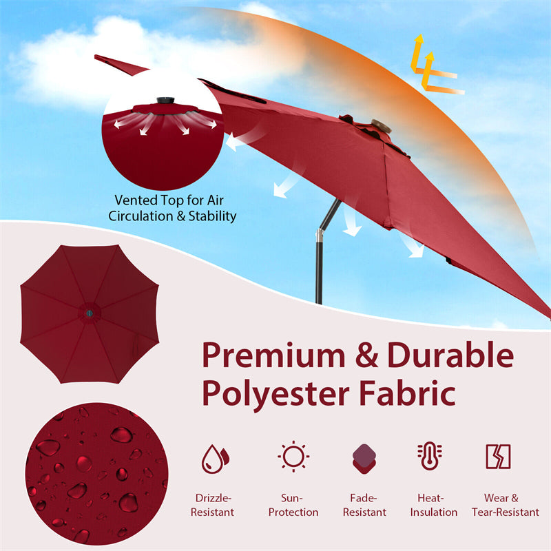 10FT Lighted Patio Umbrella Outdoor Table Market Umbrella with 112 Solar Lights Crank Lifting Handle Tilt System