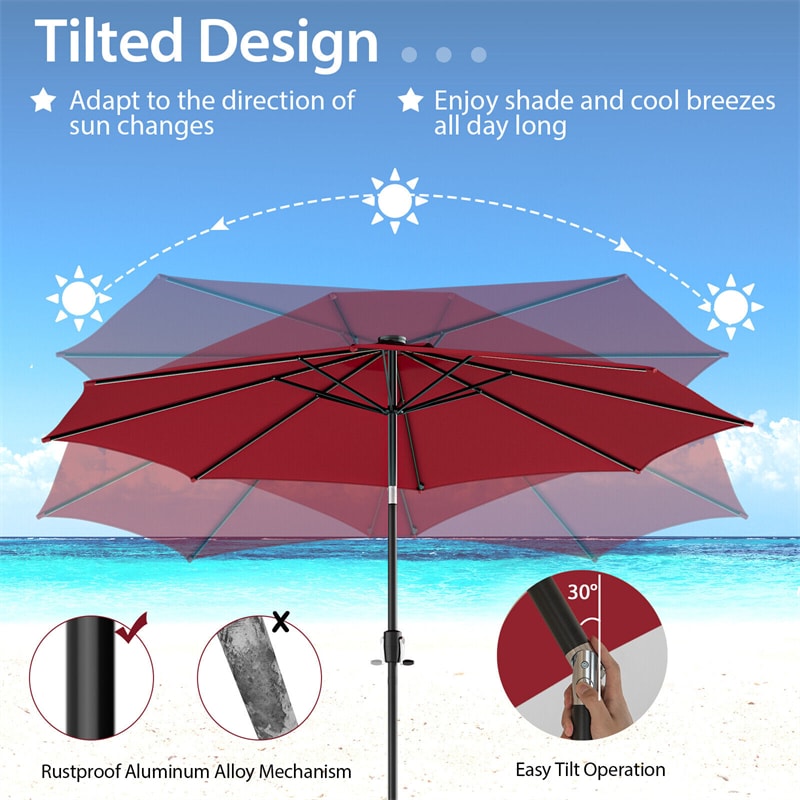 10FT Lighted Patio Umbrella Outdoor Table Market Umbrella with 112 Solar Lights Crank Lifting Handle Tilt System