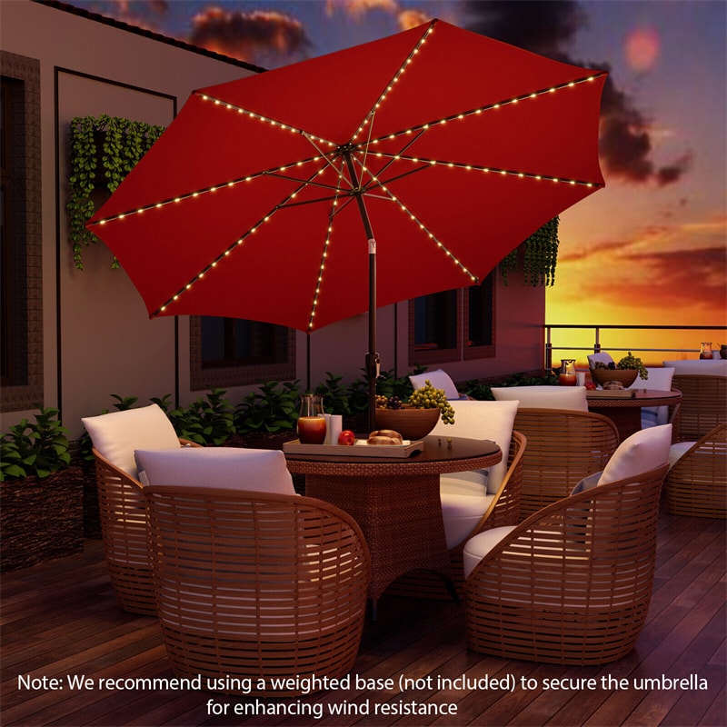 10FT Lighted Patio Umbrella Outdoor Table Market Umbrella with 112 Solar Lights Crank Lifting Handle Tilt System