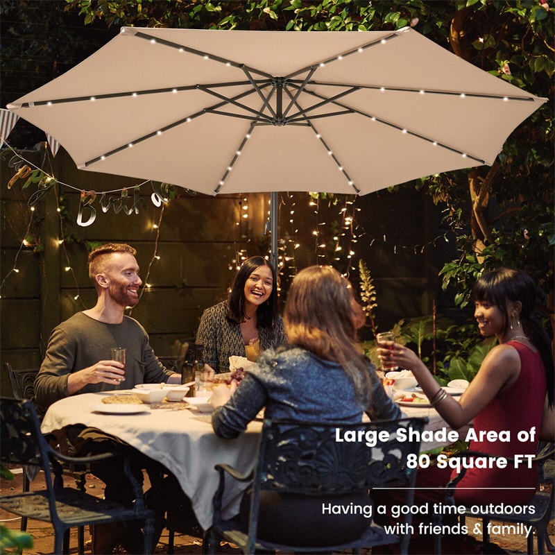 10FT Outdoor Hanging Cantilever Umbrella Offset Patio Umbrella with 32 LED Lights, Solar Panel Battery & Sand Bag