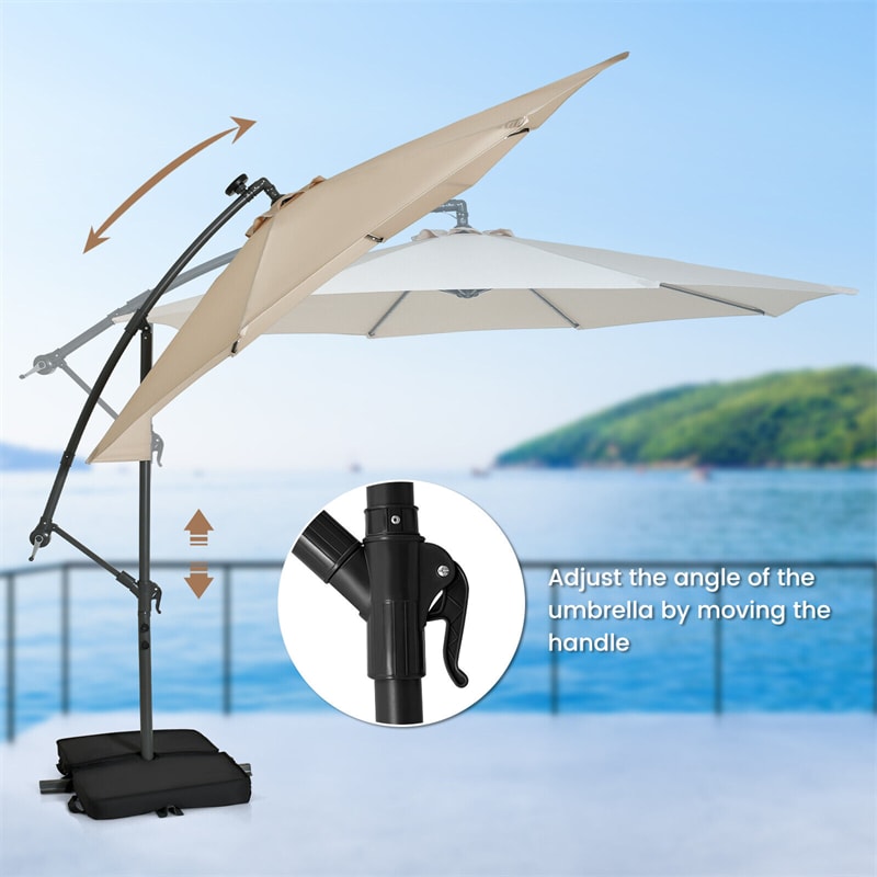 10FT Outdoor Hanging Cantilever Umbrella Offset Patio Umbrella with 32 LED Lights, Solar Panel Battery & Sand Bag