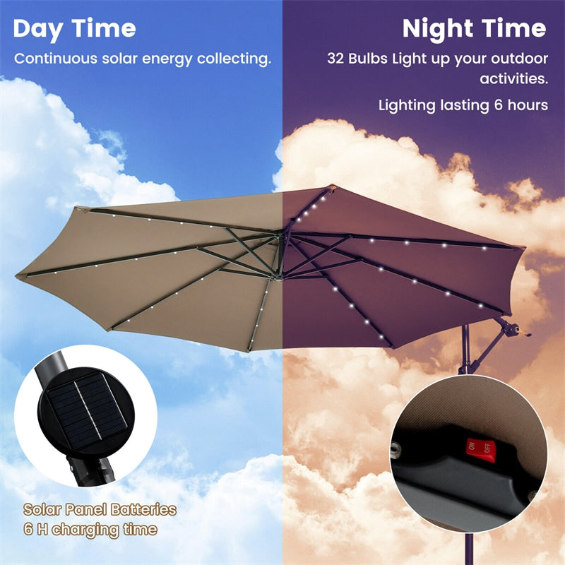 10FT Outdoor Hanging Cantilever Umbrella Offset Patio Umbrella with 32 LED Lights, Solar Panel Battery & Sand Bag