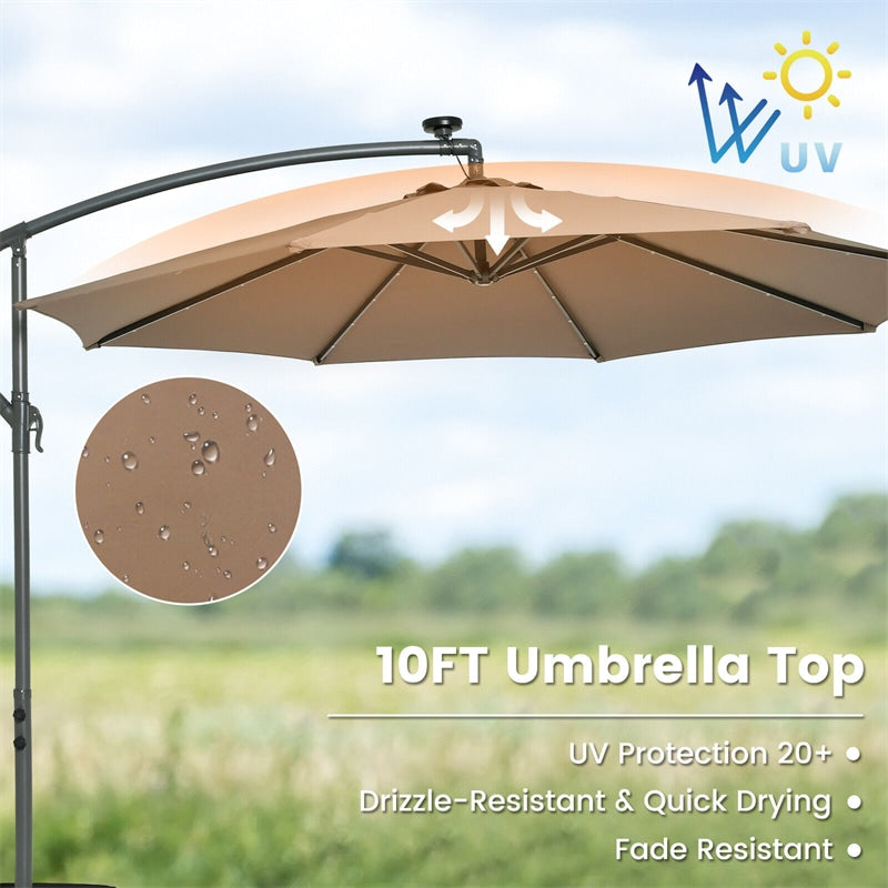 10FT Outdoor Hanging Cantilever Umbrella Offset Patio Umbrella with 32 LED Lights, Solar Panel Battery & Sand Bag