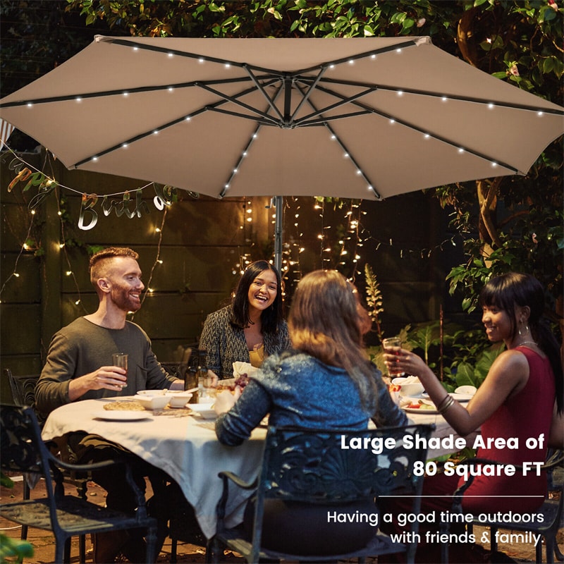 10FT Outdoor Hanging Cantilever Umbrella Offset Patio Umbrella with 32 LED Lights, Solar Panel Battery & Sand Bag