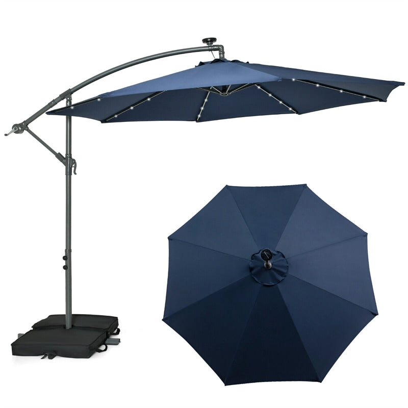 10FT Outdoor Hanging Cantilever Umbrella Offset Patio Umbrella with 32 LED Lights, Solar Panel Battery & Sand Bag