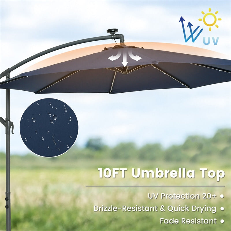 10FT Outdoor Hanging Cantilever Umbrella Offset Patio Umbrella with 32 LED Lights, Solar Panel Battery & Sand Bag