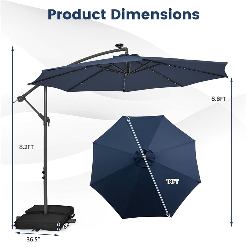 10FT Outdoor Hanging Cantilever Umbrella Offset Patio Umbrella with 32 LED Lights, Solar Panel Battery & Sand Bag