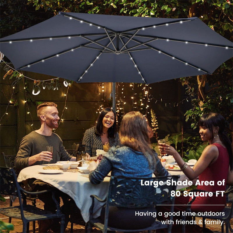 10FT Outdoor Hanging Cantilever Umbrella Offset Patio Umbrella with 32 LED Lights, Solar Panel Battery & Sand Bag