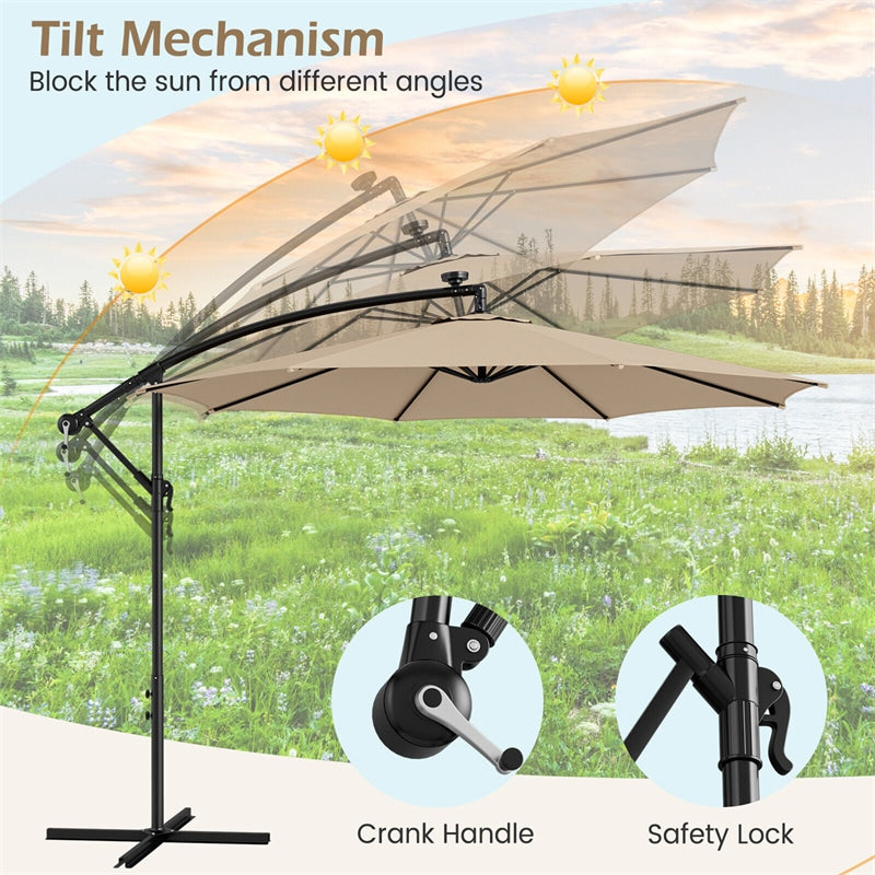 10FT Solar Lighted Cantilever Umbrella Offset Patio Umbrella with 112 Solar Lights 8 Ribs Adjustable Crank Tilt