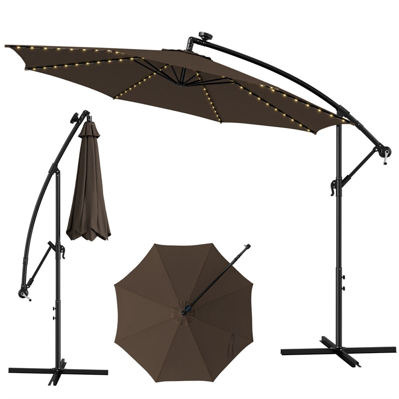 10FT Solar Lighted Cantilever Umbrella Offset Patio Umbrella with 112 Solar Lights 8 Ribs Adjustable Crank Tilt