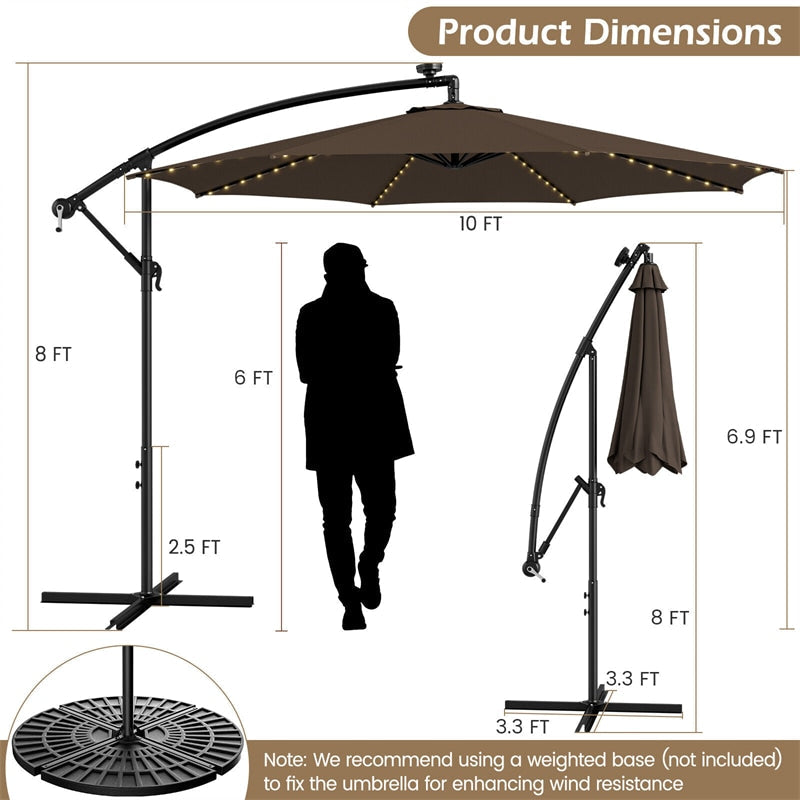 10FT Solar Lighted Cantilever Umbrella Offset Patio Umbrella with 112 Solar Lights 8 Ribs Adjustable Crank Tilt