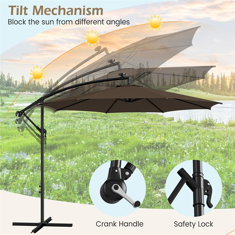 10FT Solar Lighted Cantilever Umbrella Offset Patio Umbrella with 112 Solar Lights 8 Ribs Adjustable Crank Tilt