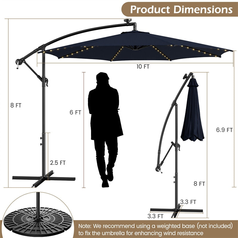 10FT Solar Lighted Cantilever Umbrella Offset Patio Umbrella with 112 Solar Lights 8 Ribs Adjustable Crank Tilt