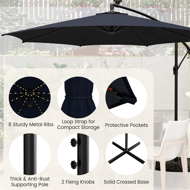 10FT Solar Lighted Cantilever Umbrella Offset Patio Umbrella with 112 Solar Lights 8 Ribs Adjustable Crank Tilt