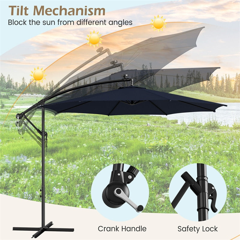 10FT Solar Lighted Cantilever Umbrella Offset Patio Umbrella with 112 Solar Lights 8 Ribs Adjustable Crank Tilt