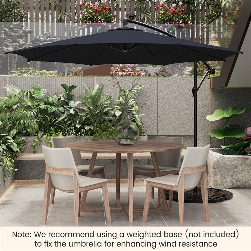 10FT Solar Lighted Cantilever Umbrella Offset Patio Umbrella with 112 Solar Lights 8 Ribs Adjustable Crank Tilt