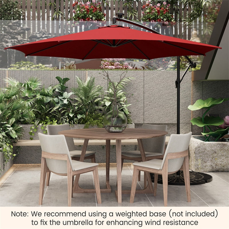 10FT Solar Lighted Cantilever Umbrella Offset Patio Umbrella with 112 Solar Lights 8 Ribs Adjustable Crank Tilt