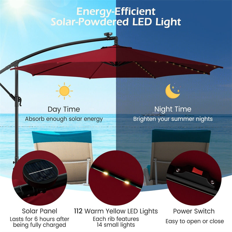 10FT Solar Lighted Cantilever Umbrella Offset Patio Umbrella with 112 Solar Lights 8 Ribs Adjustable Crank Tilt