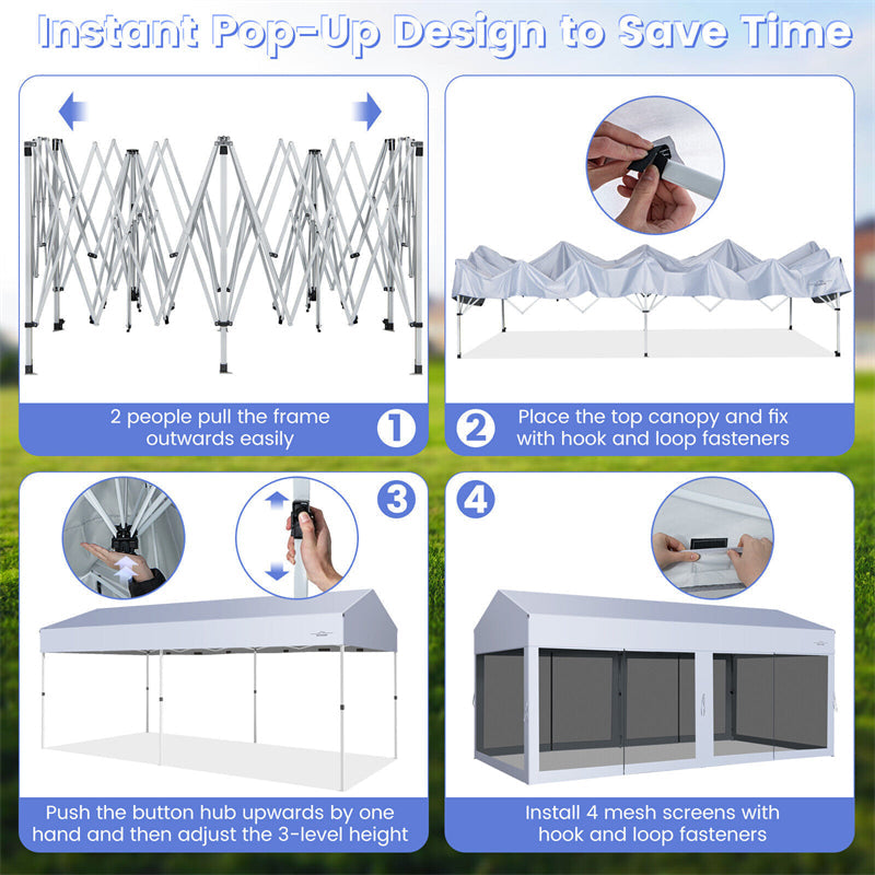 10x20 FT Pop-Up Canopy Party Tent Garage Car Shelter with Removable Screen Sidewalls & 2-Wheeled Storage Bag