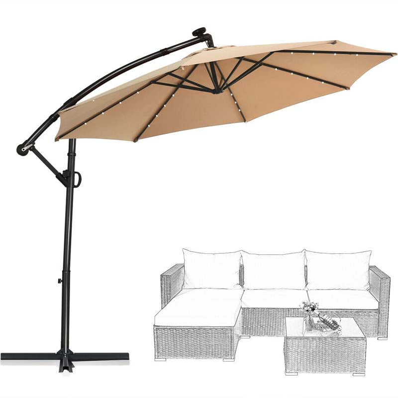 10FT Offset Patio Umbrella Solar Powered LED Outdoor Market Umbrella 360 Degree Rotation with Crank Handle & Cross Base