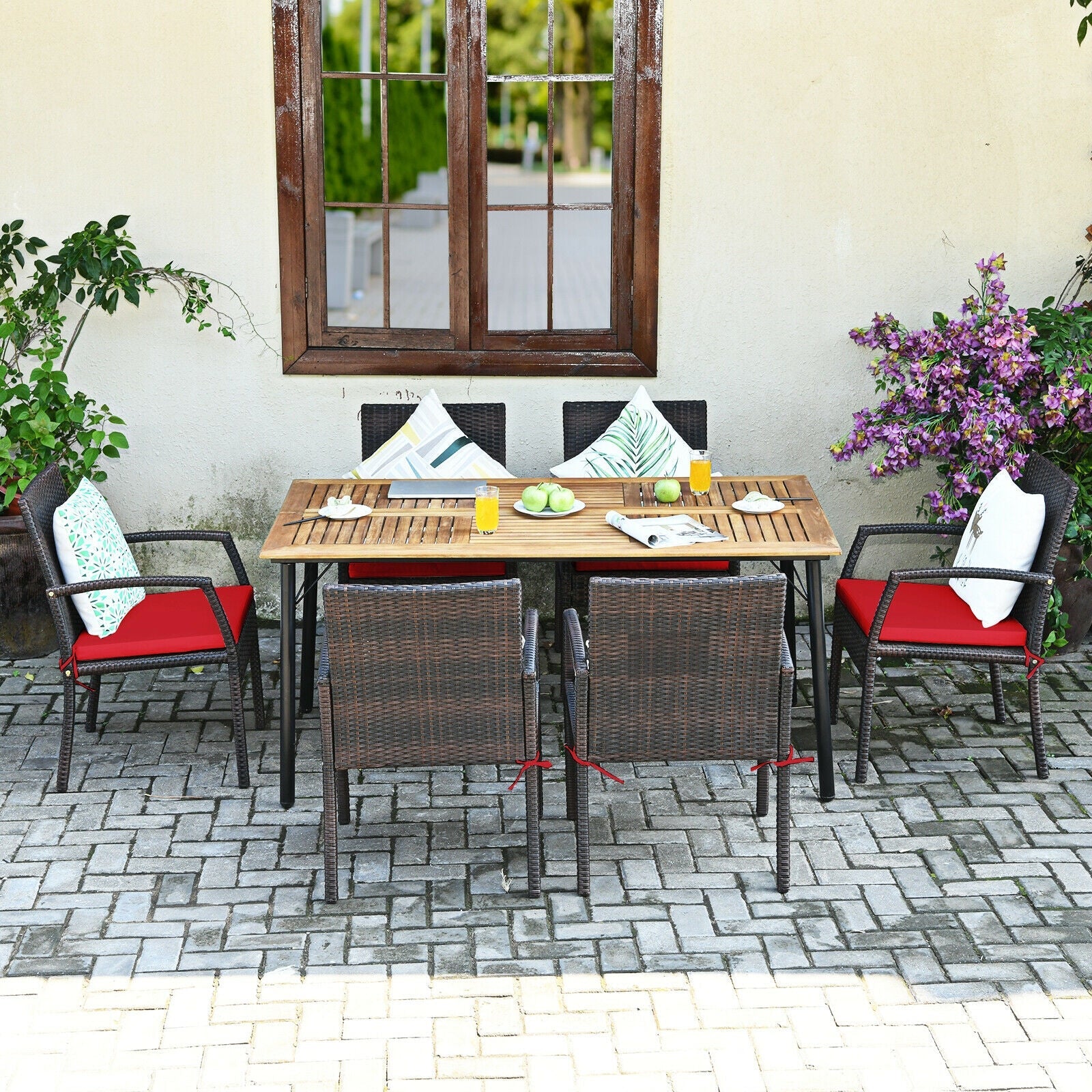 7 Pieces Patio Rattan Cushioned Dining Set with Umbrella Hole