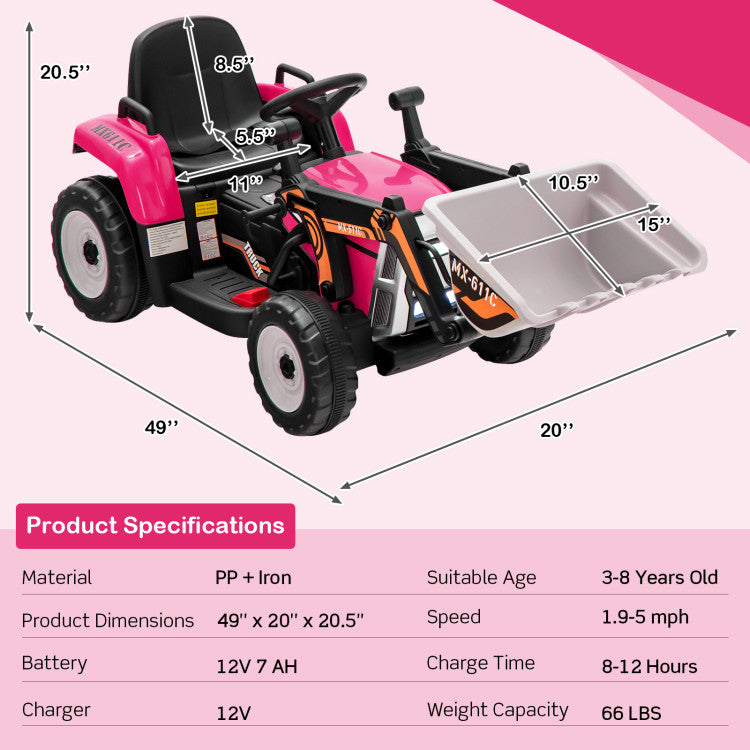 12V Battery Powered Wheels Kids Ride on Excavator with Adjustable Arm and Bucket